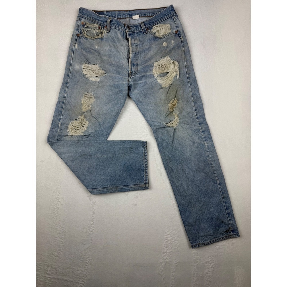 Levis 501 Mens USA Y2K Heavy Distress Light Wash Jeans Straight Leg Denim 34x30